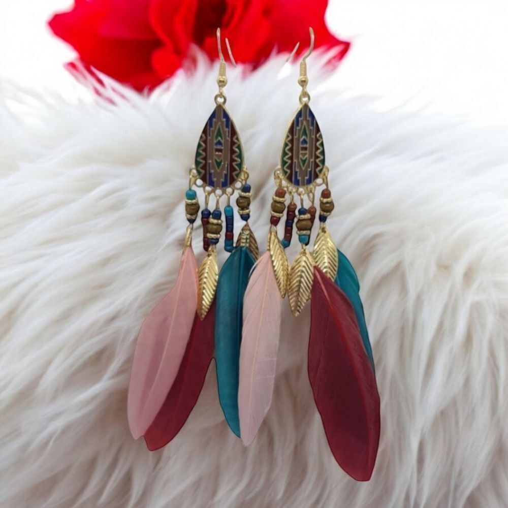 Burgundy Feather Tassel Earrings Boho Tribal Festival Dangle Gypsy Soul Rustic - Picture 2 of 7